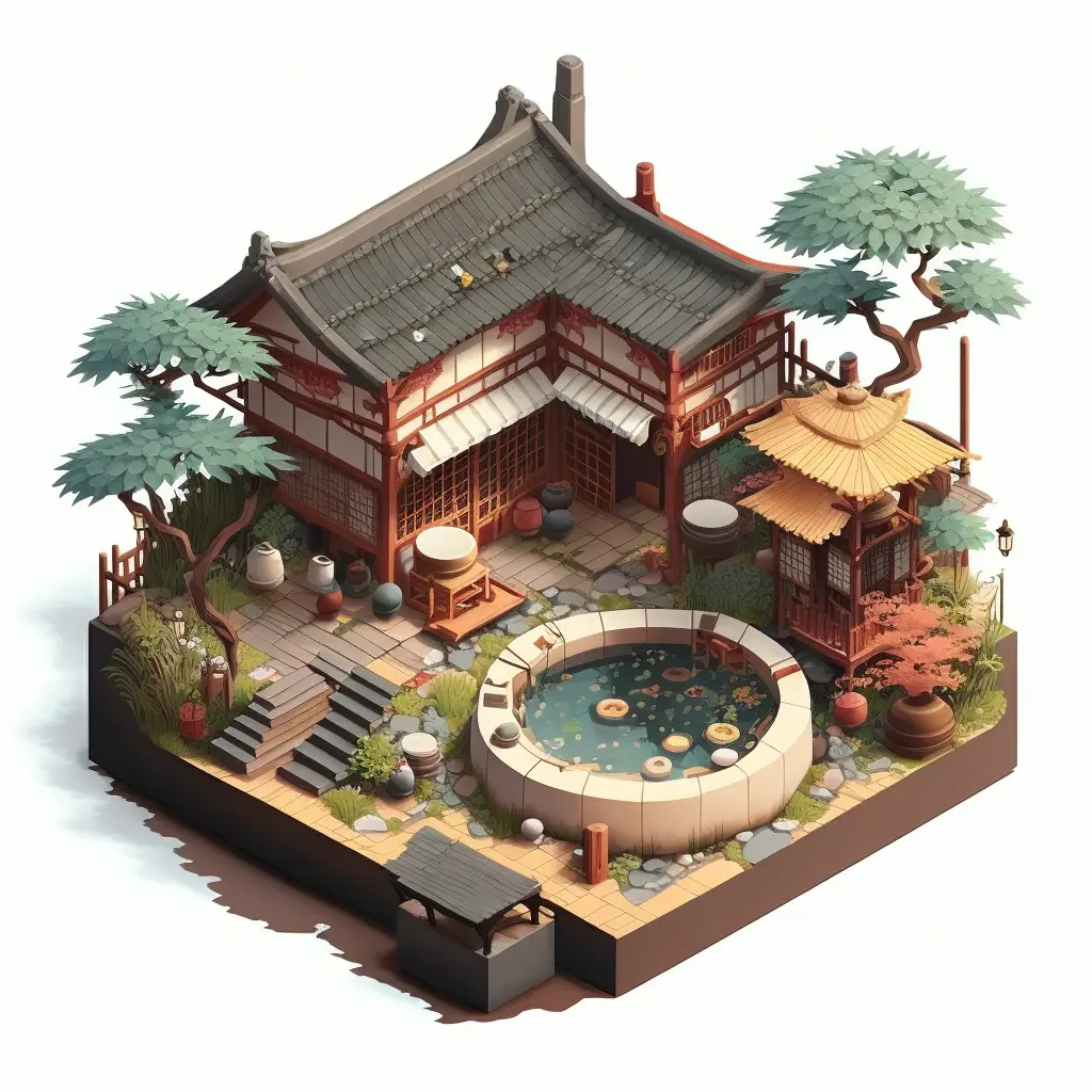 Isometric clean image of an old Japanese ryokan with a small open air hot spring